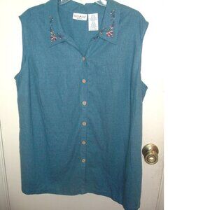 White Stag Linen Tunic Top Blouse Sleeveless Embroidery Blue 18W / 20W NICE!